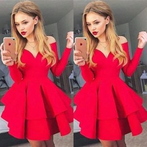 2020 New Red Satin Long Sleeve Homecoming Dresses Off the Shoulder 8th Grade Short Prom Dresses Cheap Ruffles Cocktail Party Gowns288F