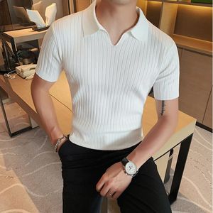 Polos męski 2023 Spring Summer Knit Polo Shirt Men Casual Turndown Kołnierz Buzja Moda Striped Solid Kolor Tops Slim 230720