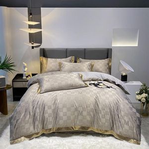 Gold silver coffee jacquard luxury bedding set queen king size stain bedclothes bed linens 4pcs cotton silk lace duvet cover sets 207k