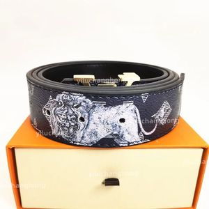 Mens Designer Belt womens Fashion luxury 3.8cm width L Metal buckle Belts Black Lion White rhinoceros print Leather Letterer With box