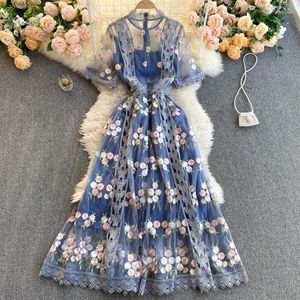 Casual Dresses Flower Embroidery Mesh Women's Flare Sleeve Stand Floral Blue Hollow Out Long Spring Summer Runway