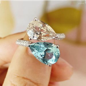 Rings Original Design Silver White and Aquamarines Two-tone Gem Water Drop Engagement Ring Fresh Ladies Jewelry