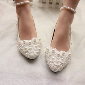 Cheap Pearls Wedding Shoes For Bride 3D Lace Appliqued Prom High Heels Ankle Strap Plus Size Pointed Toe Bridal Shoes348U