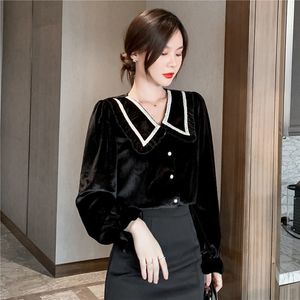Office Lady Velvet Blue Button Down Shirt For Women Casual Fashion Spring Ny Long Sleeve Plus Size Tops