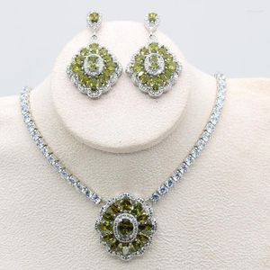 Halsbandörhängen Set 925 Stamp Olive Green Zirconia Earring For Women Luxury Wedding Party Jewelry