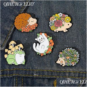 Pins Brooches Flower Animal Enamel Pin Floral Hedgehog Frog Brooch Cat Badge Plant Mushroom Metal Lapel Bag Jewelry Friends Wholesa Dhu63