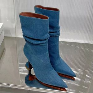 Джинсовая ткань Stiletto Half Boots Средние теленки Pult Fashion Slip-On Cowboy Boot Женские туфли на открытом воздухе.