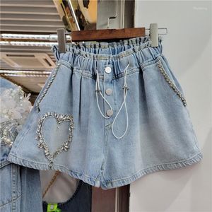Dżinsy damskie 2023 Spring Diamond Inkrustowany wzór miłosny wysoki talia luźne fit elastyczne szerokie nogi dżinsowe szorty żeńskie