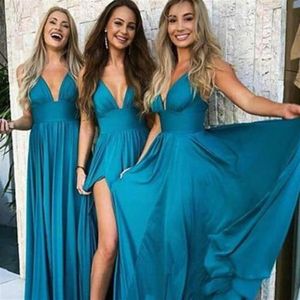 Country Teal Blue Chiffon Bridesmaid Dresses Long Sexig Deep V Neck Full Längd Summer Beach Maxi Prom Party Gowns Backless 2019 FO242R