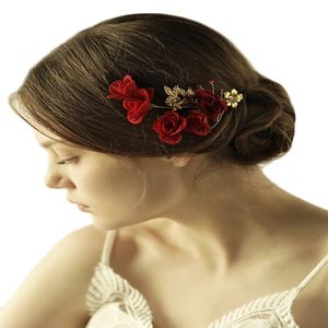 Vintage handgemachte rote Rose Haarspange Golden Leaf Strass Blumen Kopfschmuck Braut Hochzeit Zubehör262N