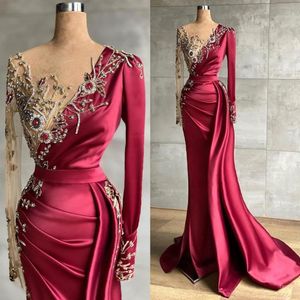 Fantastic Gold Embroidery Beads Appliqued Evening Dresses Vintage Dark Red Sheer Long Sleeve Pleats Prom Party Gowns Vestidos BC53302l