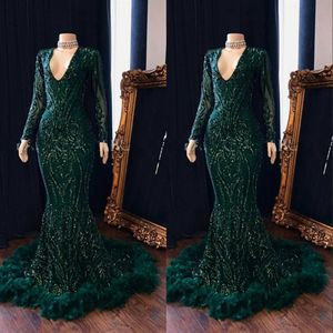 Dark Green V Neck Feather Mermaid Prom Dresses Long Sleeves Reflective Sequins Lace Floor Length Formal Party Evening Gowns217b