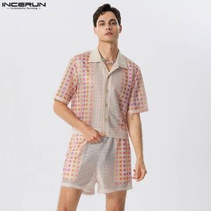 Conjuntos de agasalhos masculinos casuais estilo feriado INCERUN Mens See through Malha oca Camisa de manga curta Shorts Moda Masculino Duas peças 230720