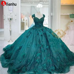 Nya nya 3D -blommor bollklänning quinceanera klänningar Teal Green Prom Graduation Gowns Lace Up Corset Princess Sweet 15 16 Dress Vesti263a