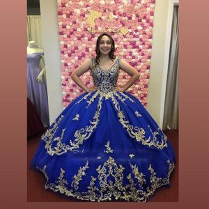 Vintage Königsblau und Gold Stickerei Spitze Quinceanera Kleider Abschlussball Festzug Ballkleid V-Ausschnitt Korsett Kristalle Perlen Vestido De 16216r