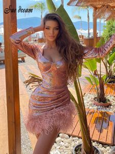 Casual Dresses Rose Gold Color Women Långärm Sexig skinnning av sekriner Feathers BodyCon Mini Dress Nightclub Party Christmas Fashion