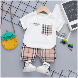 Conjuntos de roupas para bebês meninos meninas xadrez infantil roupas de verão roupas para crianças manga curta camiseta casual shorts drop delivery Matern Dhnjy