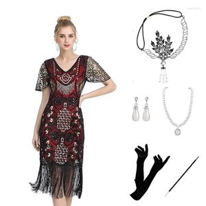 Stage Wear 1920s Vintage Flapper Girls Gatsby Party Dress For Women Neck Sleeveless Sequin Tassels Dresses With Fan Necklace Accessories