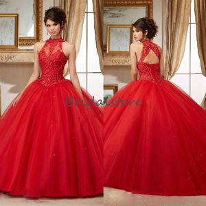 Sexy Red Quinceanera Dresses High Neck Lace Appliques Ball Gown Prom Party Gowns 2020 Open Back Corset Brithday Sweet 16 Dress 202243h