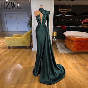 Dark Hunter Green Color Mermaid aftonklänningar Höghals Oneshoulder Crystal Draped Top Prom Dress Split Cocktail Dress Vestido2509