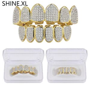 Banhado a ouro e prata Hip Hop Dentes de Vampiro Grillz Top e Bottom Iced Out Micro Pave CZ Stone Bling Body Jewelry288d