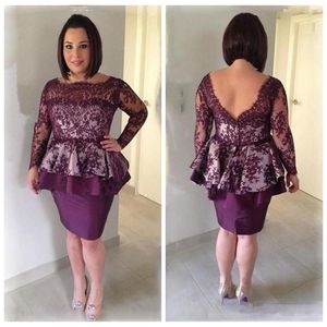 Grape Lace Sheath Mother Dresses Low Back Long Sleeves Short Mother Of The Bride Gowns Knee Length Women Formal Party Cocktail Dre2446