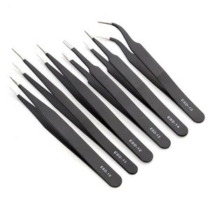 Whole-6pcs ESD Safe Anti-Static Stainless Steel Tweezers Set Maintenance Watch Repair Tools Kits Electronic Rework Tool Set DI254p