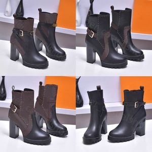 Women High heel boots Autumn winter Coarse heel women shoes Desert Boot real leather zipper letter Lace up Fashion lady Thick heeled Heels size 35-42 With box