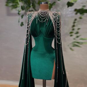 2022 Fashion Short Prom Dresses Side Split Beading Tassels Luxury Evening Dress Women Formal Wear Velour Party Gowns2069