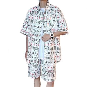 Herrspårar dagliga män sätter kort ärm hawaiisk skjorta och shorts kinesiska mahjong tryckning casual skjortor strand två stycken passar mode slitage 230720