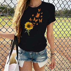 Nowy męski i damski motyl słonecznikowy nadrukowany krótki rękaw T-shirt damski