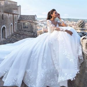 Vintage Lace Wedding Dresses Illusion Long Sleeves Gorgeous Formal Bridal Gowns A Line Long Court Train Arabic Dubai Wedding Gowns2488