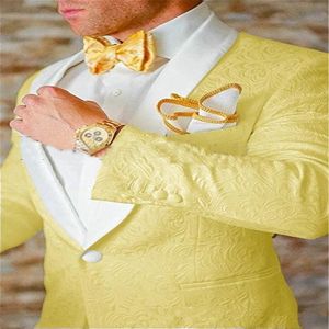 2022 Gelb Nach Maß Jacquard Groomsmen Rosa Bräutigam Smoking Weißen Schal Revers Männer Hochzeit Anzüge Prom Party Mann Blazer Hosen set228R