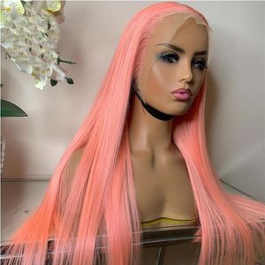Syntetiska peruker Glueless förpluckat rosa färghår 13 4 Spetsfront med naturlig hårfäste lång rak mjuk cosplay241d