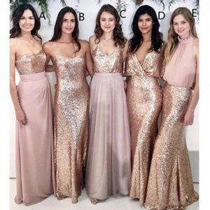 Vestidos de dama de honra rosa modesto para casamento na praia com lantejoulas ouro rosa incompatíveis para dama de honra vestidos de festa para damas de honra Fo290u