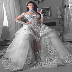 Glamorous Long Sleeves rhinestone mermaid Wedding Dresses with Detachable train Dubai High Neck Bride Dresses Overskirt tiered bri280N