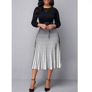 Plus Größe Kleider Elegante Frauen Kleid 5XL Büro Dame Schwarz Gestreiften Hohe Taille Weibliche Vestidos