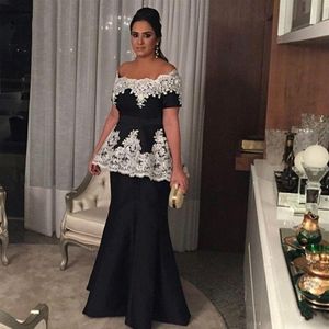 Mermaid Black Mother Of The Bride Dresses With Ivory Lace Appliques Boat Neck Off Shoulder Short Sleeves Women Party Gowns277T