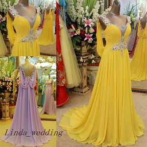 Emerald Green Yellow and Violet Aftonklänningar Ny ankomstgolvlängd Långt pärlor Backless Formal Chiffon Party G265Z