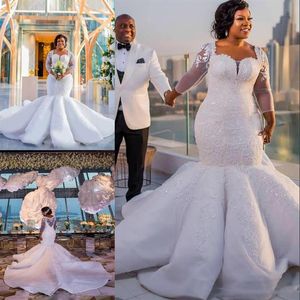 South African Mermaid Wedding Dresses Lace Appliques Plus Size Sheer Long Sleeves Bridal Gowns Satin Sweep Train Wedding Vestidos225j