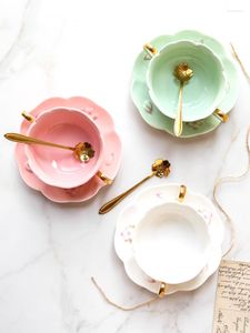 Cups Saucers Romantic Cherry Blossom Embossed Ceramic Milk Cup Coffee With Spoon Binaural Soup Bowl Dessert Bird's Nest Ccereal Bow