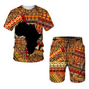 Herrspår African Print Women'smens T-shirts sätter Africa Dashiki Mens TracksuitTopsShorts Sport and Leisure Summer Male Suit 230720