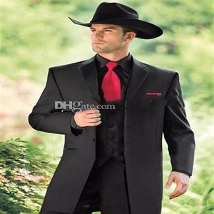 Vintage Western Smokin Kovboy İnce Fit Siyah Damat Takım Düğün Akşam Yemeği Takım Erkekler Prom Takım 3 Parça Ceket Pantolon Vest326J