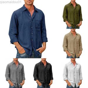 Men's Casual Shirts Spring Autumn Men's Shirt Long Sleeve T-shirts Collar Solid Pocket Single Breasted Shirt Vintage Men's Long Sleeve Tops L230721