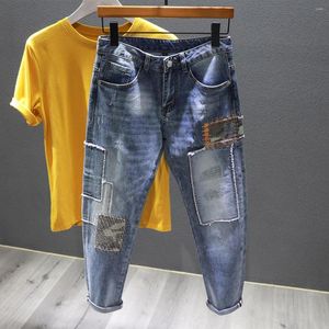 Herr jeans sommar tunt rippade hål för män broderad kamouflage lapp fotledslängd byxor streetwear manlig ströa smala