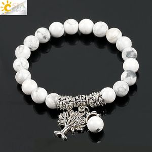 CSJA Fashion Round White Turquoise Howlite Real Stone Mala Pärlor Tree of Life Armband för kvinnor Yoga Healing Power Energy Armel235s