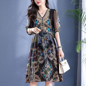 Casual Dresses 2023 Summer Bohemian For Women Elegant V-neck High Waist Women's Print Black Dress A-line Real Silk Long Midi