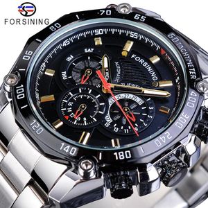 ForSining Sport Style Men's Mechanical Watches Black Automatic 3 Sub Dial Date rostfritt stålbälten utomhus Militär armband278z