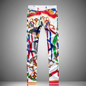 Jeans da uomo con disegno a stampa graffiti dipinti irregolari Pantaloni lunghi a matita dritti Uomo Adolescente Bianco Streetwear Sim Biker Denim Pant260O