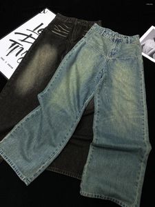 Jeans feminino moda costura vintage lavado branco cintura alta esfregar roupas de outono arranhão menina angustiada perna larga